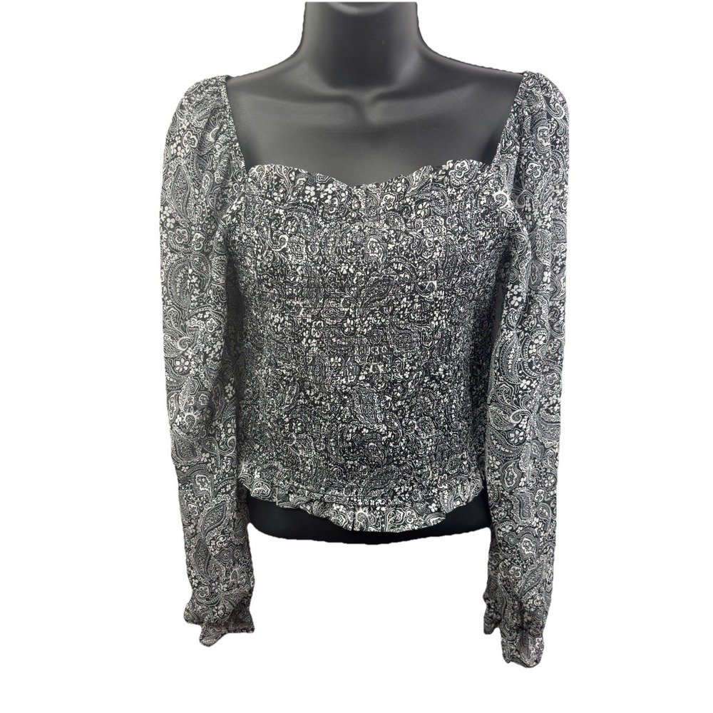 Japna Black and White Floral Print Smocked Crop Top Size Medium